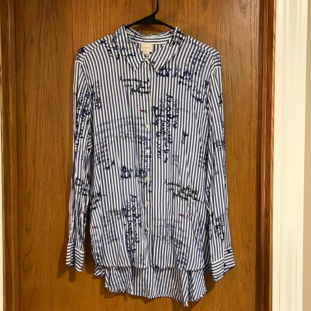 Blue and white stripe Chico’s tunic blouse (fits like XL)